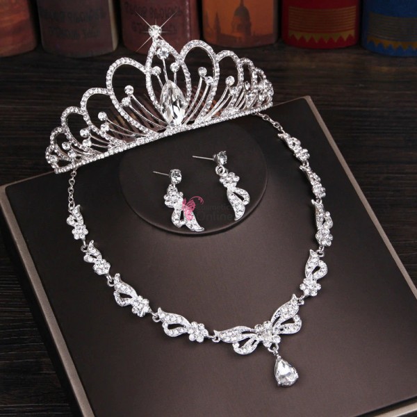 Coroana cu colier si cercei AS05AA Argintiu cu cristale din sticla